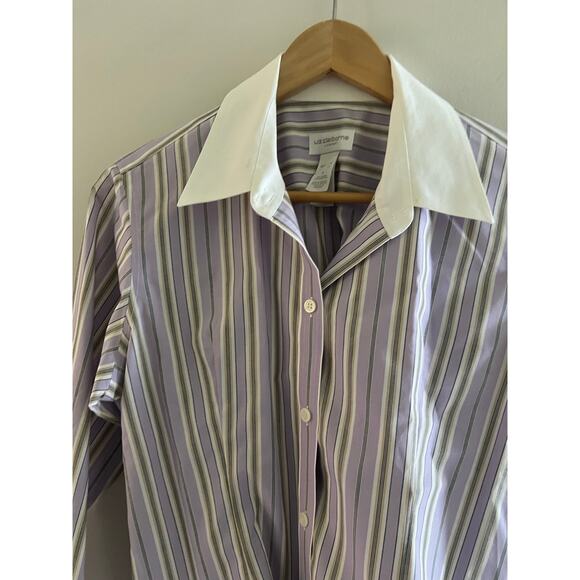 Liz Claiborne Button Down Shirt Purple Stripes White Contrast Collar Size 8 JL - Picture 3 of 9